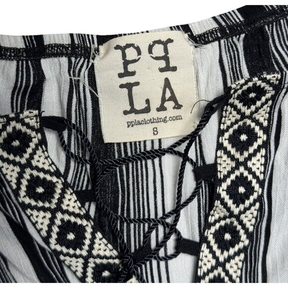 PPLA Blouse Womens Large Black Striped Summer Tunic Boho Peasant White Black - Picture 5 of 9